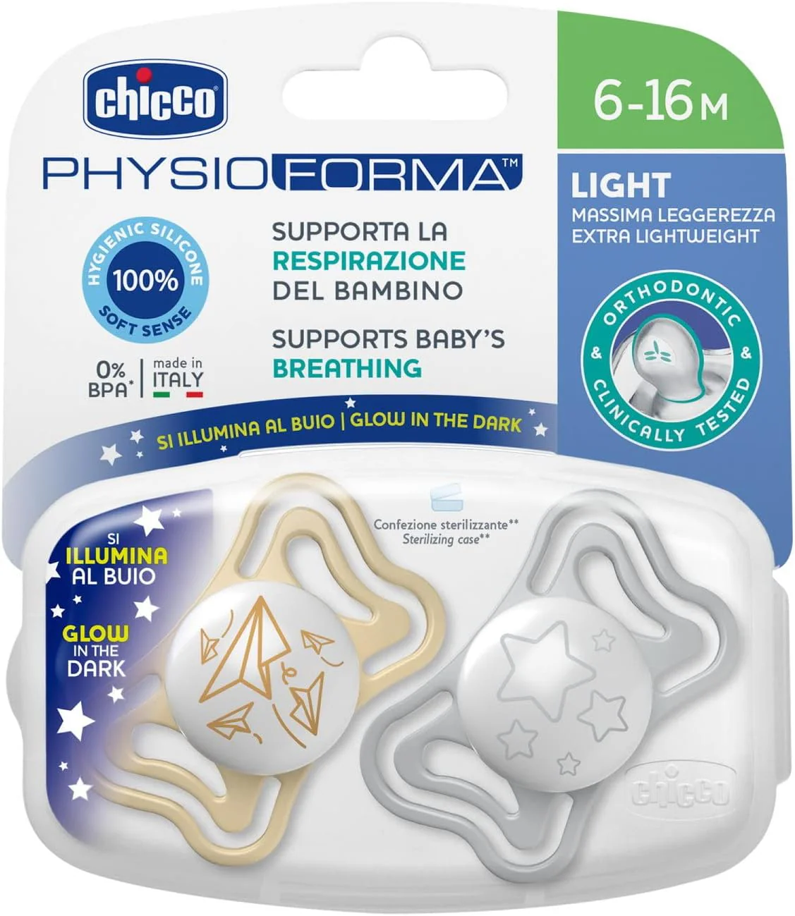 CHICCO - PHYSIO FORMA Light Πιπίλα Σιλικόνης για τη νύχτα 6-16m - 2τεμ.